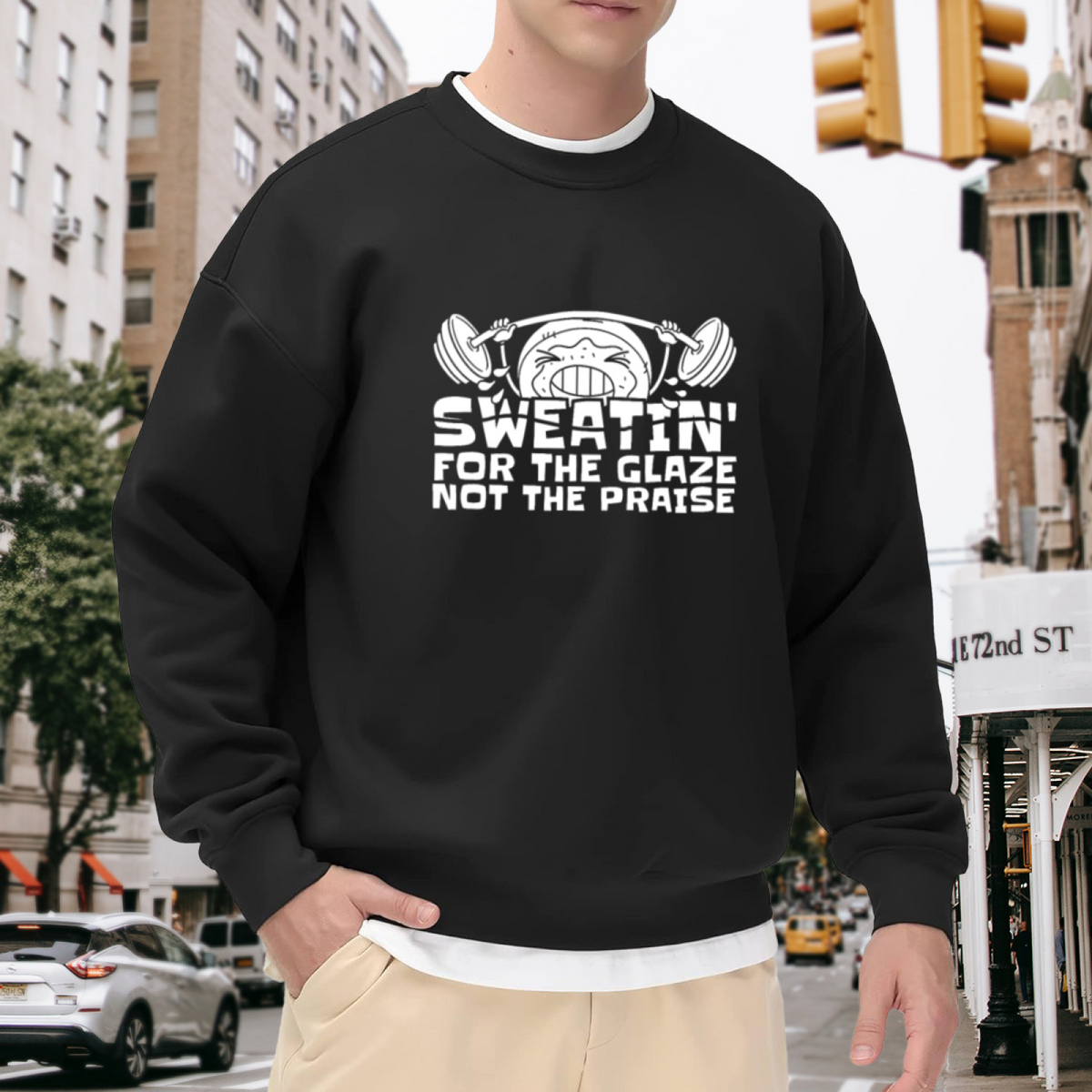 Sweatin' For The Glaze Not The Praise Funny Cartoon Donut Lifting Weights Gym Humor Crewneck Sweatshirt