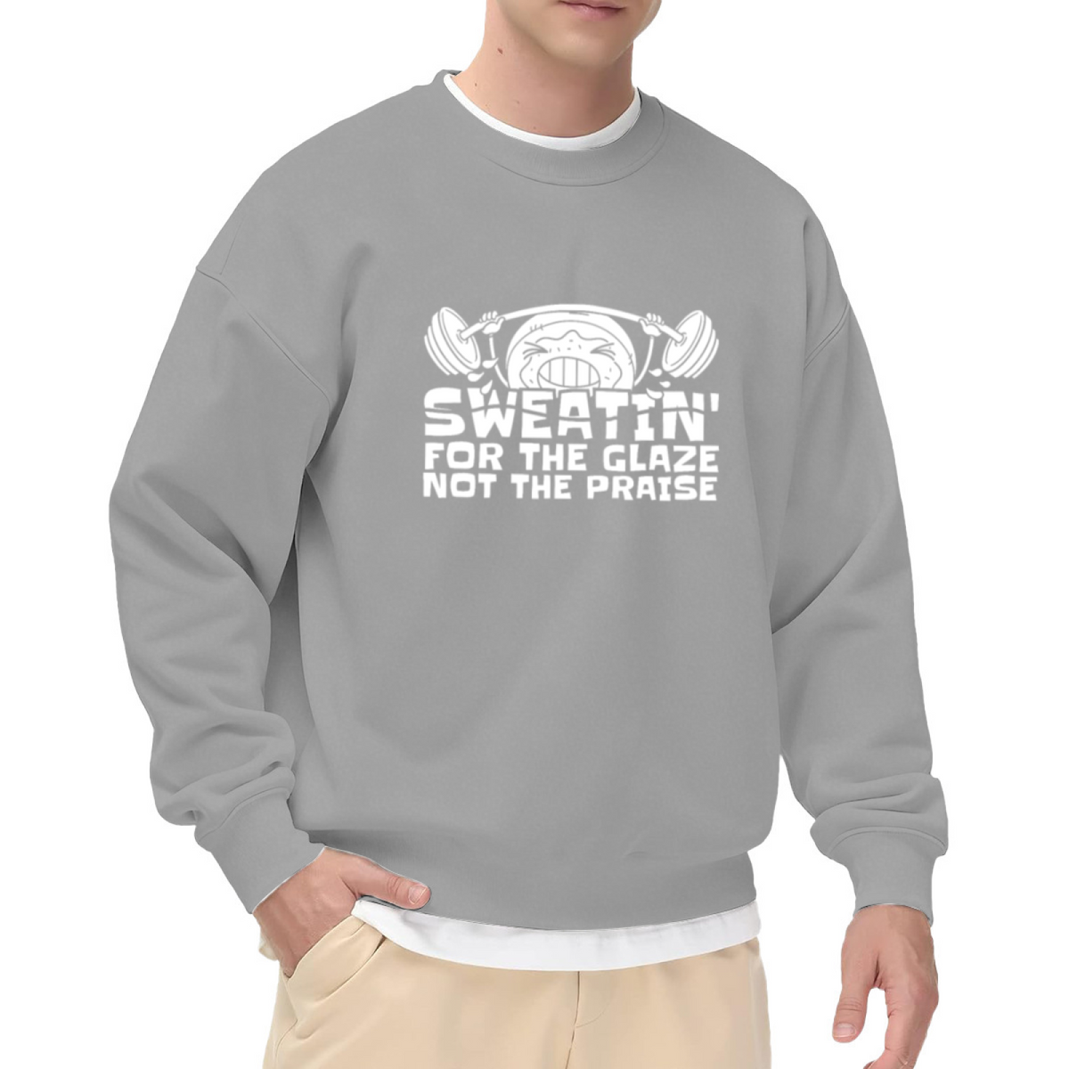 Sweatin' For The Glaze Not The Praise Funny Cartoon Donut Lifting Weights Gym Humor Crewneck Sweatshirt