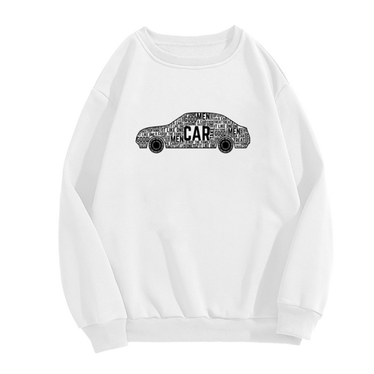 Typographic Car Silhouette Sweatshirt | Word Art Car Graphic Crewneck, Text Art Automotive Pullover Top, Car Lover Gift for Men