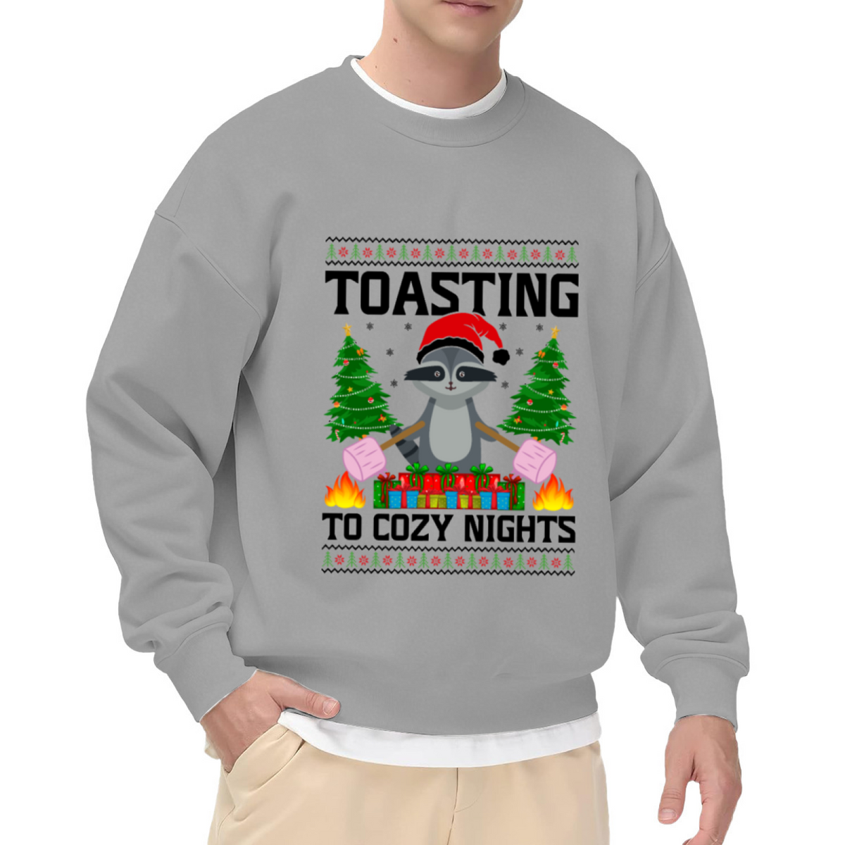 Toasting To Cozy Nights Raccoon Crewneck Sweatshirt | Cute Christmas Pullover, Festive Gift Box Graphic Top, Holiday Gift