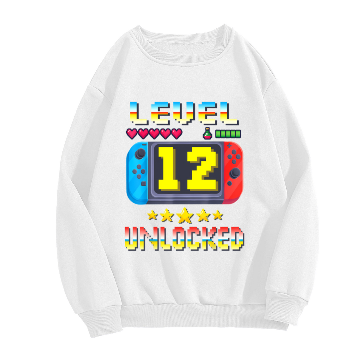 Level 12 Unlocked Sweatshirt | Retro Pixel Gaming Birthday Graphic Crewneck, 12th Birthday Pullover Top, Gamer Gift for Boys Girls Kids