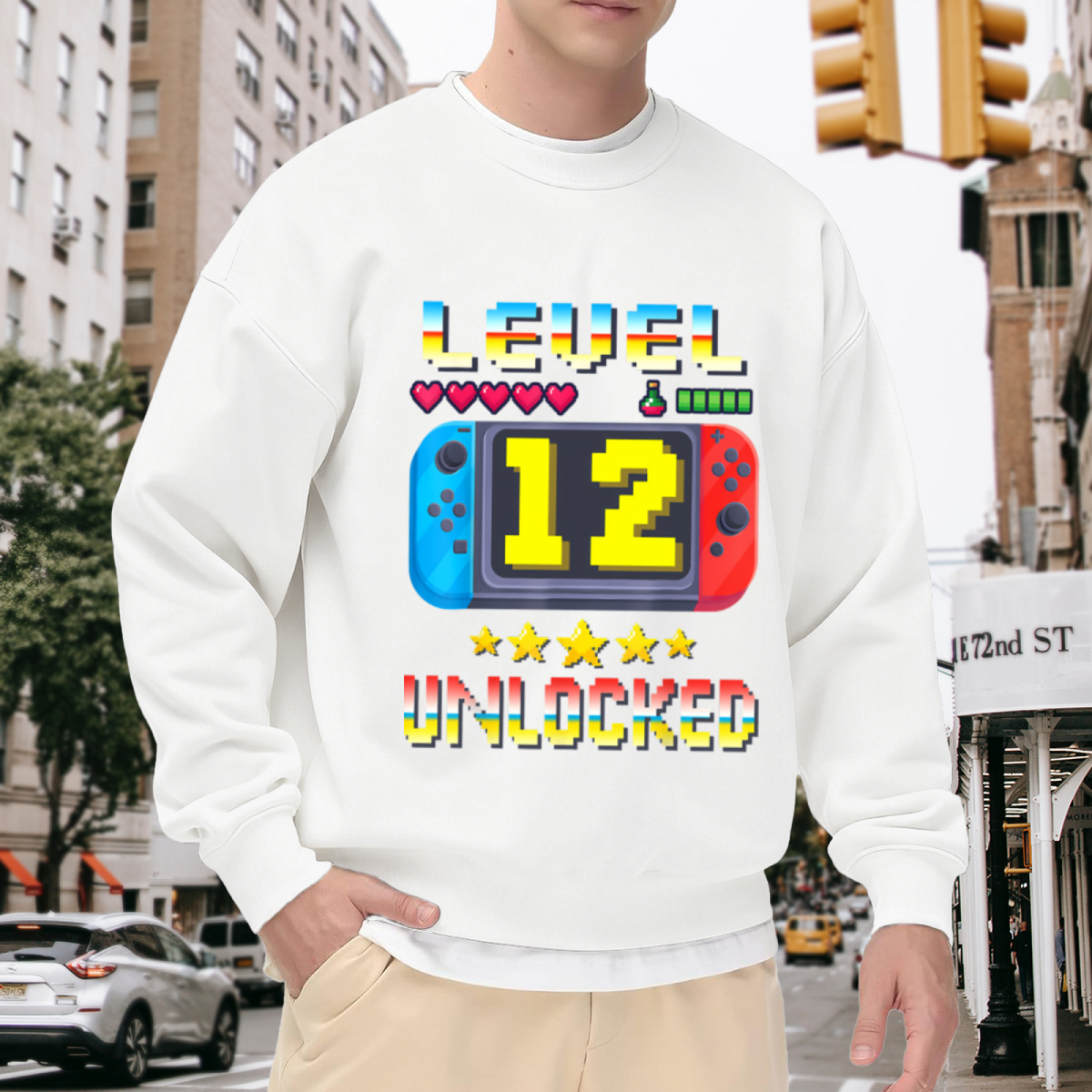 Level 12 Unlocked Sweatshirt | Retro Pixel Gaming Birthday Graphic Crewneck, 12th Birthday Pullover Top, Gamer Gift for Boys Girls Kids