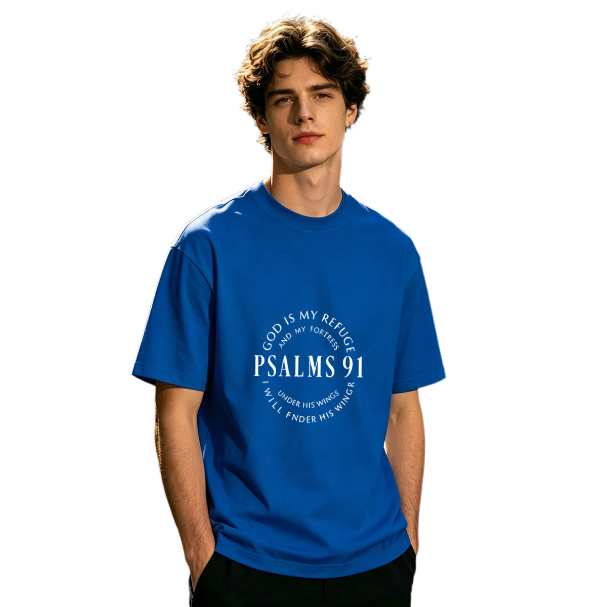 Men's PSALMS 91 God Is My Refuge White Circular Text Faith Tee