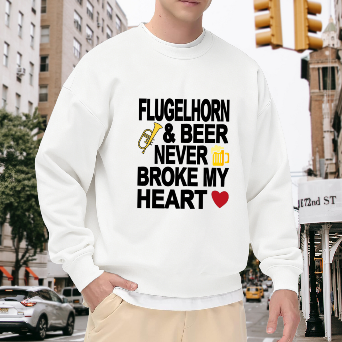 Flugelhorn & Beer Never Broke My Heart Crewneck Sweatshirt | Funny Musician Pullover, Band Geek Graphic Top, Beer Lover Gift