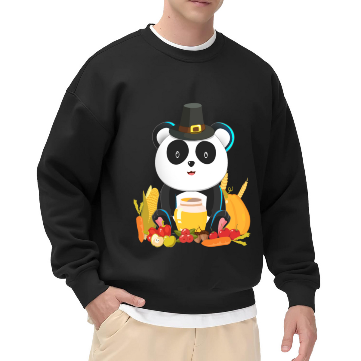Pilgrim Panda Thanksgiving Harvest Crewneck Sweatshirt | Cute Fall Pumpkin Cartoon Pullover, Thanksgiving Gift