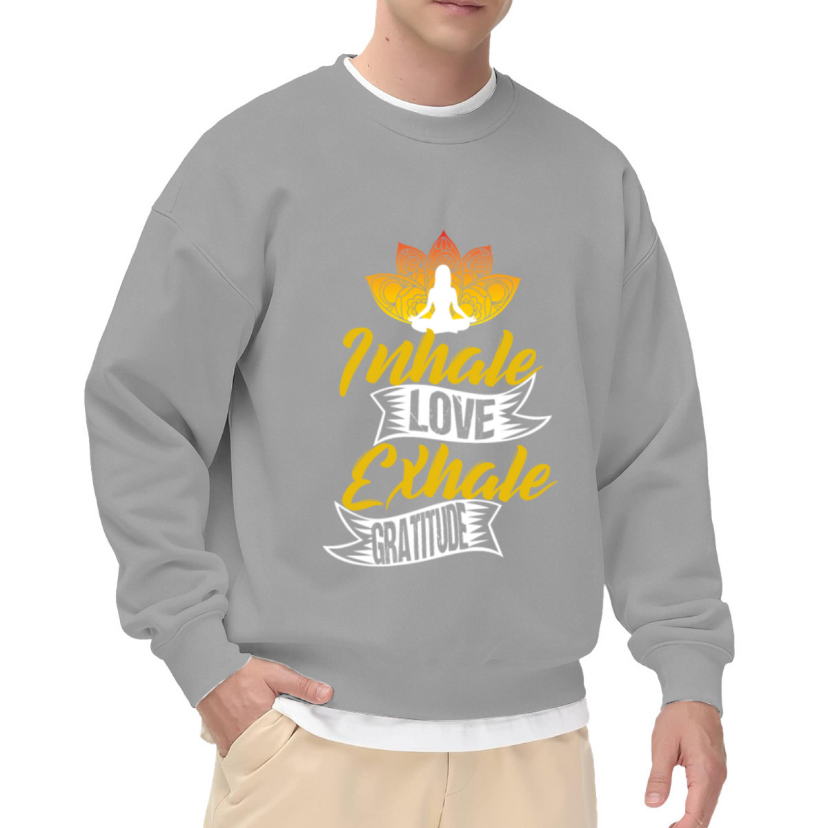 Inhale Love Exhale Gratitude Crewneck Sweatshirt with Lotus Meditation Design for Yoga
