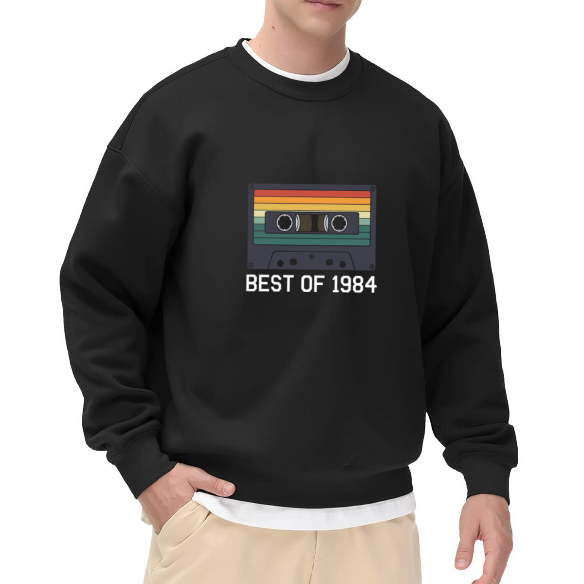 Retro Cassette Tape Graphic Best of 1984 Vintage Print Crewneck Sweatshirt for 80s Music Fans
