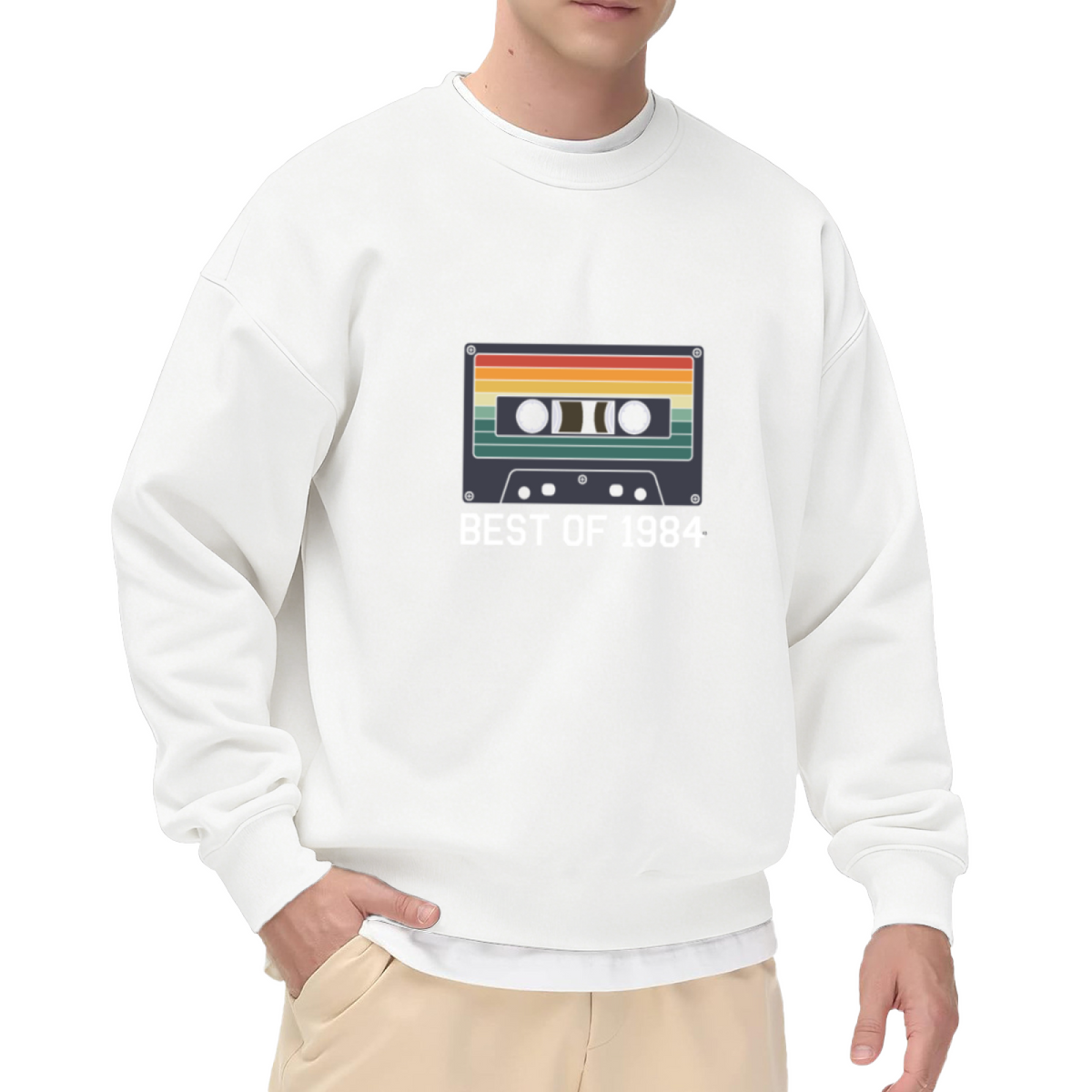 Retro Cassette Tape Graphic Best of 1984 Vintage Print Crewneck Sweatshirt for 80s Music Fans