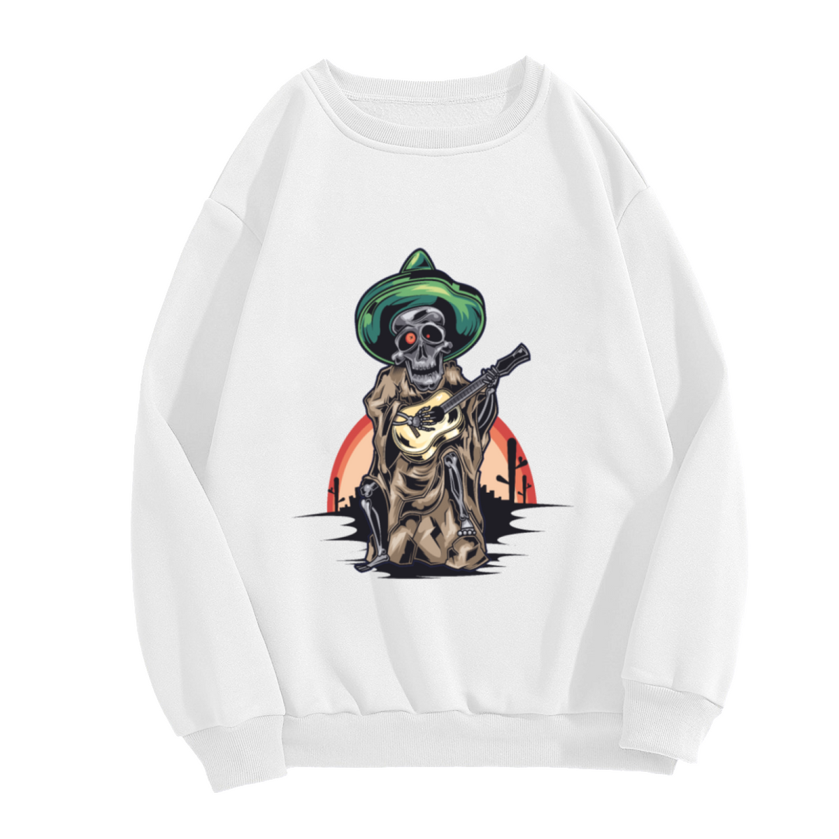 Day Of The Dead Skeleton Guitar Sweatshirt | Mexican Sombrero Skeleton Graphic Crewneck, Desert Sunset Pullover Top, Dia De Los Muertos Gift