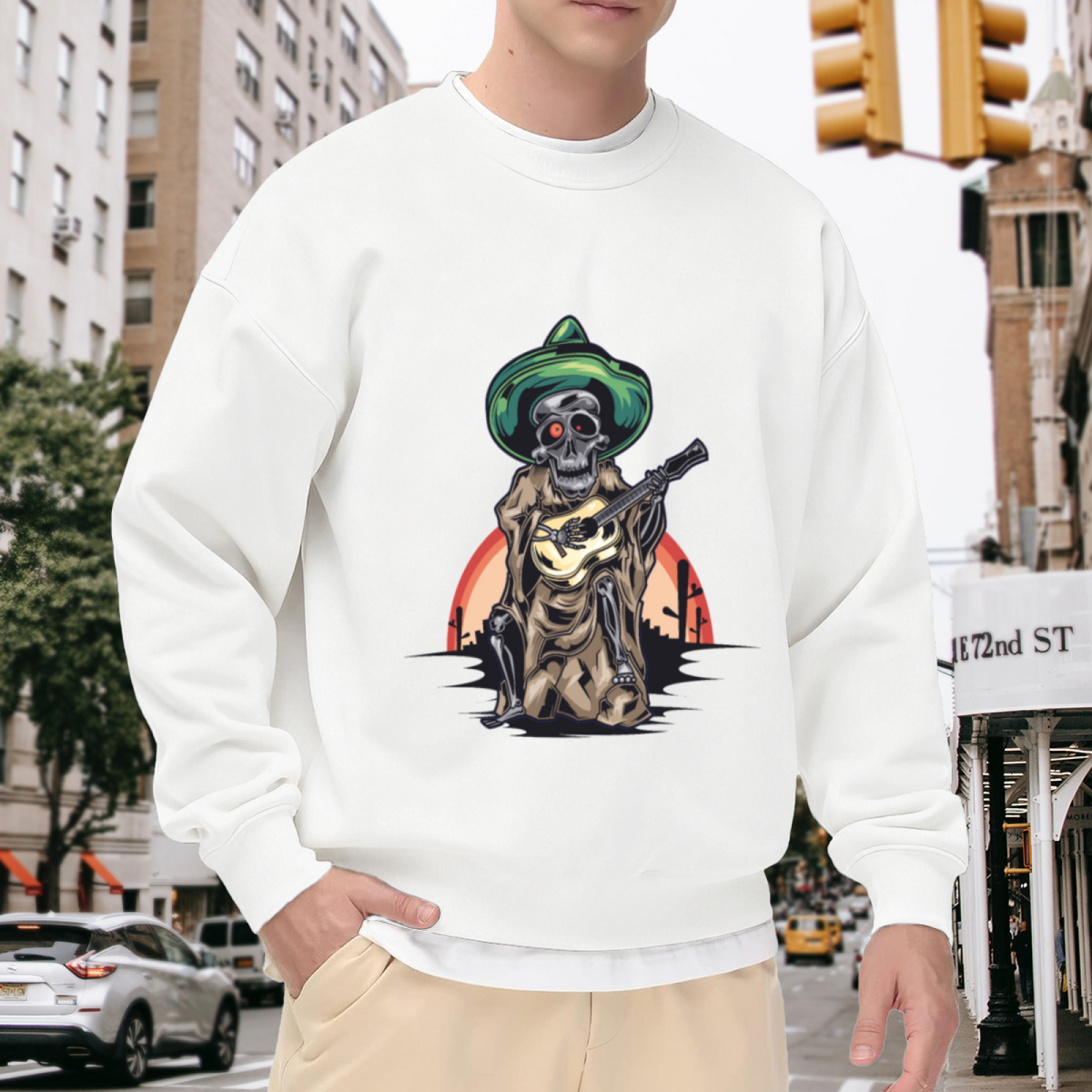 Day Of The Dead Skeleton Guitar Sweatshirt | Mexican Sombrero Skeleton Graphic Crewneck, Desert Sunset Pullover Top, Dia De Los Muertos Gift