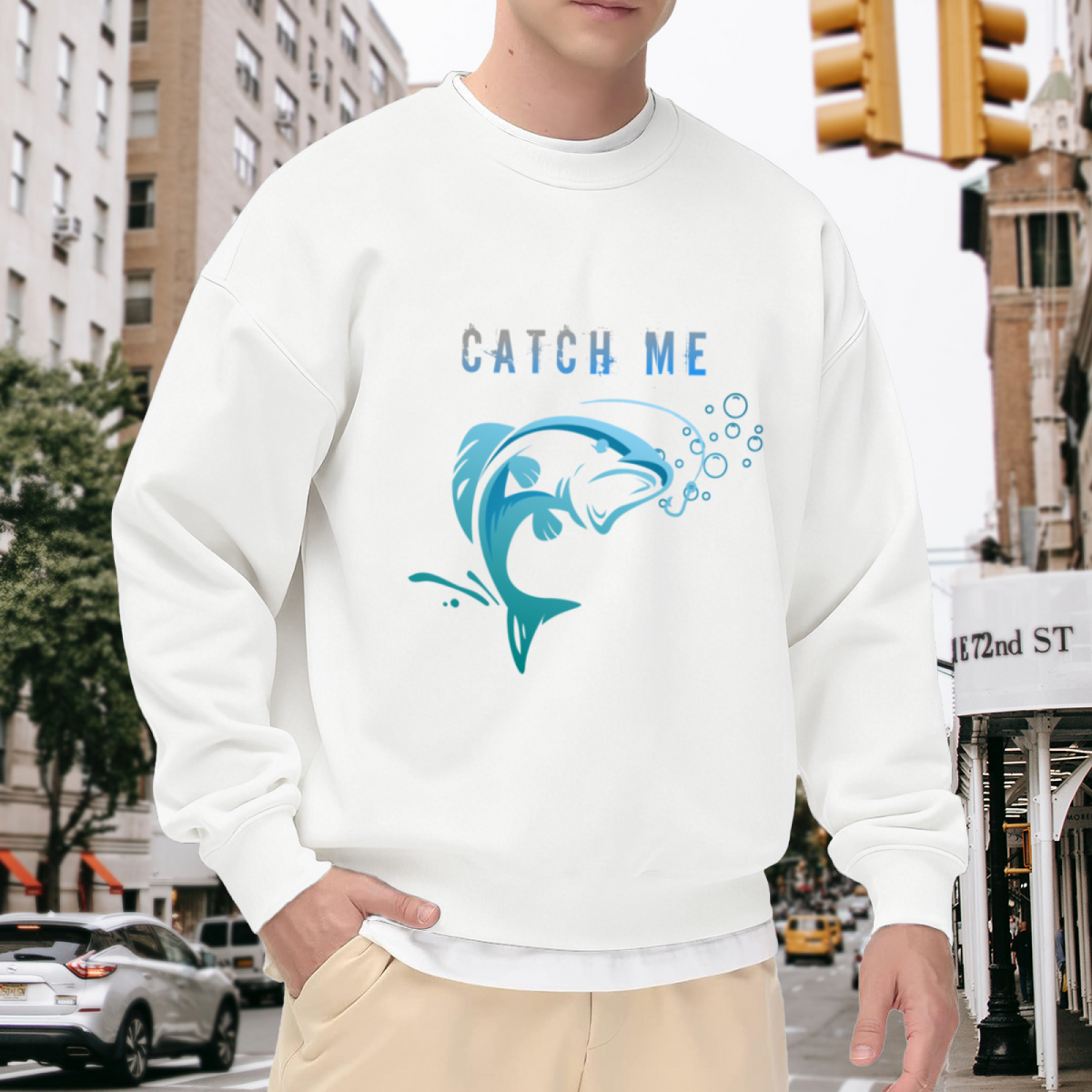 Catch Me Leaping Bass Fishing Crewneck Sweatshirt | Blue Angler Fish Graphic Pullover, Fisherman Gift