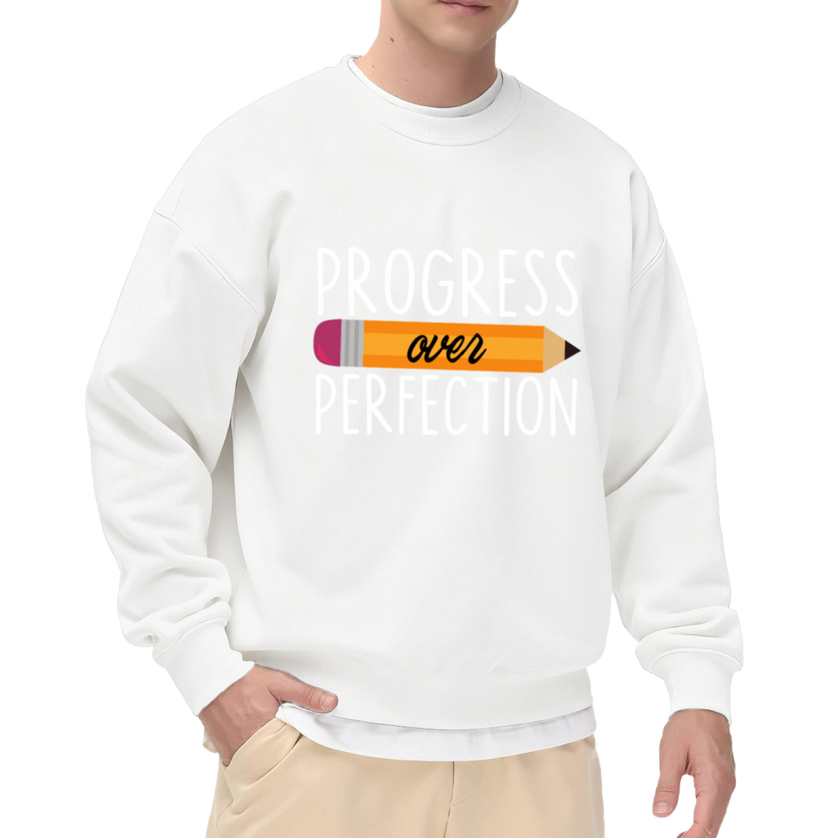 Progress Over Perfection Pencil Crewneck Sweatshirt | Back To School Motivational Pullover, Cute Stationery Graphic Top, Teacher Gift