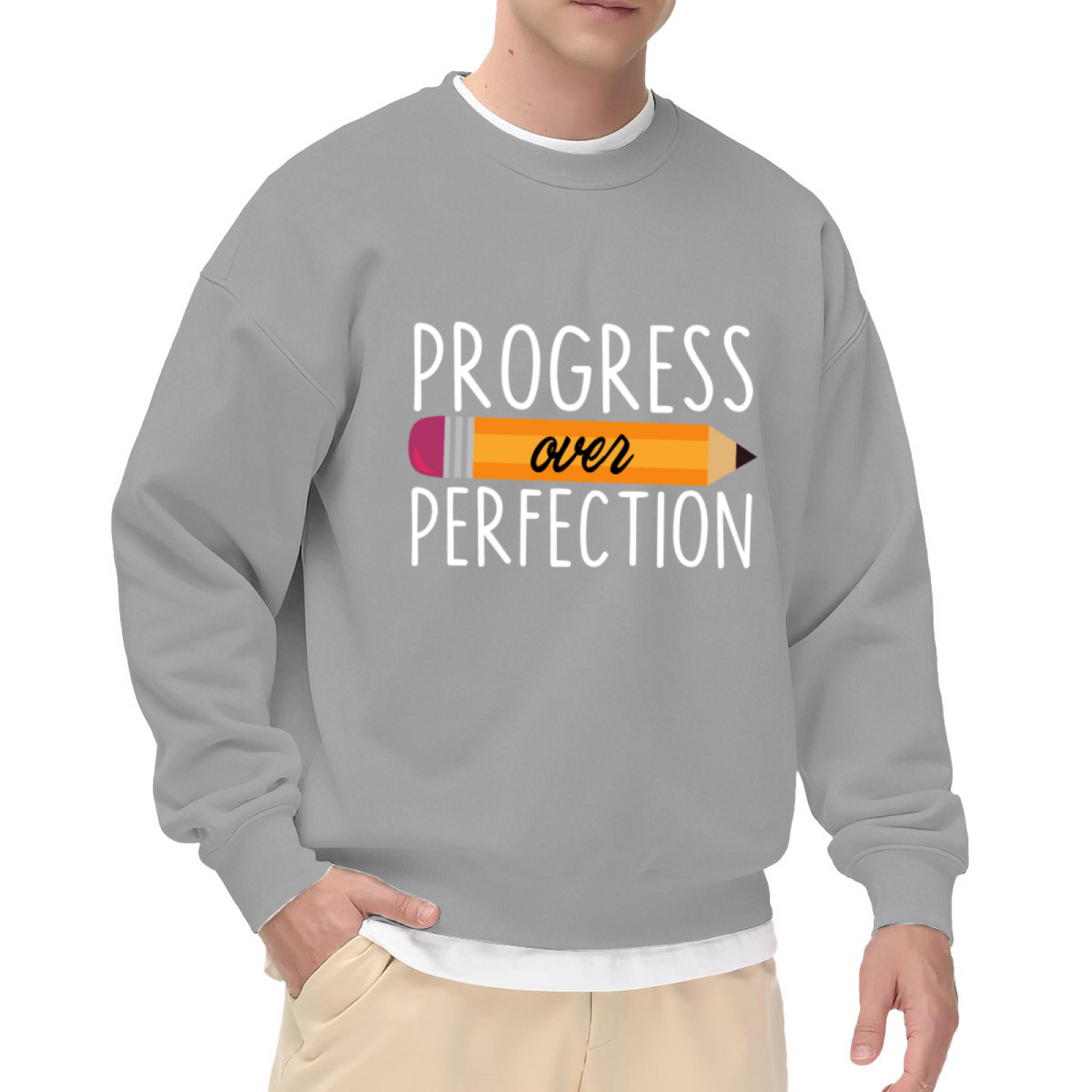 Progress Over Perfection Pencil Crewneck Sweatshirt | Back To School Motivational Pullover, Cute Stationery Graphic Top, Teacher Gift