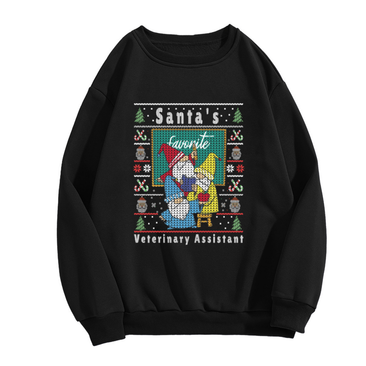 Santa's Favorite Veterinary Assistant Funny Christmas Gnomes Cat and Dog Graphic Crewneck Sweatshirt for Pet Lovers