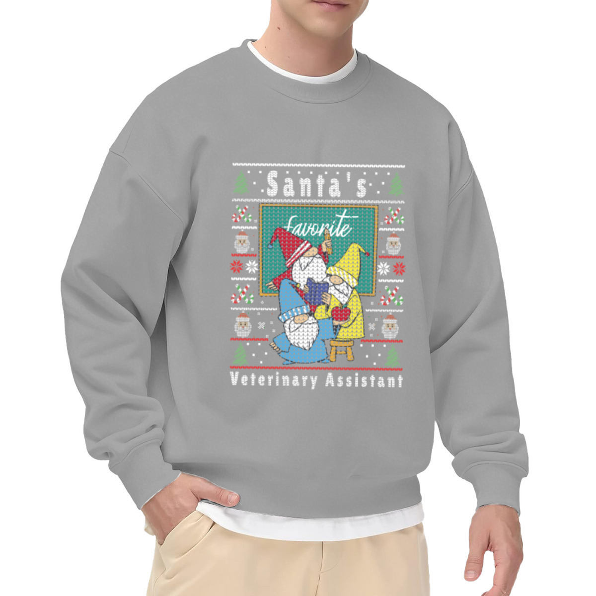 Santa's Favorite Veterinary Assistant Funny Christmas Gnomes Cat and Dog Graphic Crewneck Sweatshirt for Pet Lovers