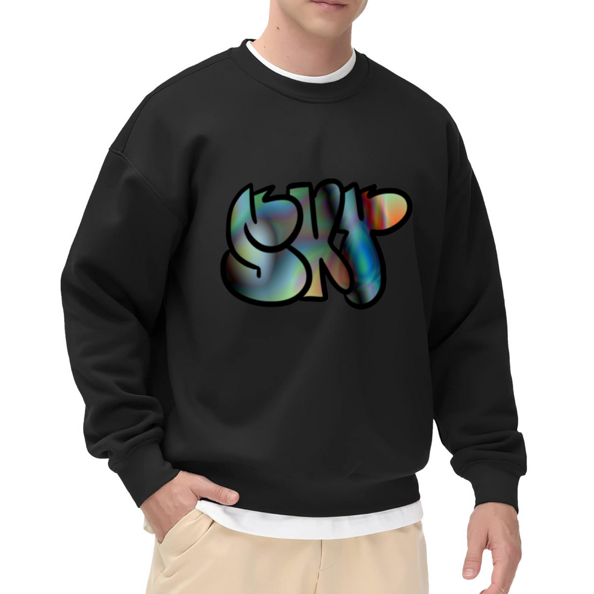 SkiP Graffiti Bubble Letters Crewneck Sweatshirt, Holographic Streetwear Pullover, Urban Art Gift
