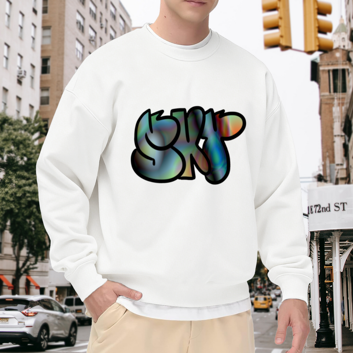 SkiP Graffiti Bubble Letters Crewneck Sweatshirt, Holographic Streetwear Pullover, Urban Art Gift