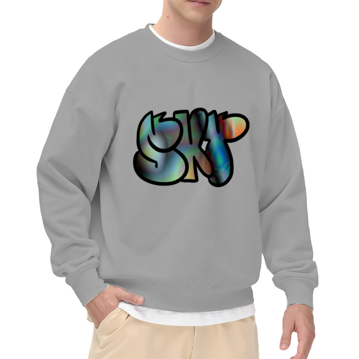 SkiP Graffiti Bubble Letters Crewneck Sweatshirt, Holographic Streetwear Pullover, Urban Art Gift