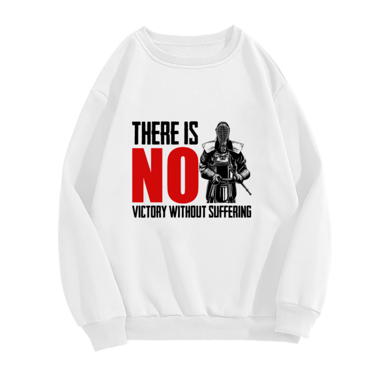 There Is No Victory Without Suffering Armored Warrior Crewneck Sweatshirt for Hardcore Motivation Enthusiasts