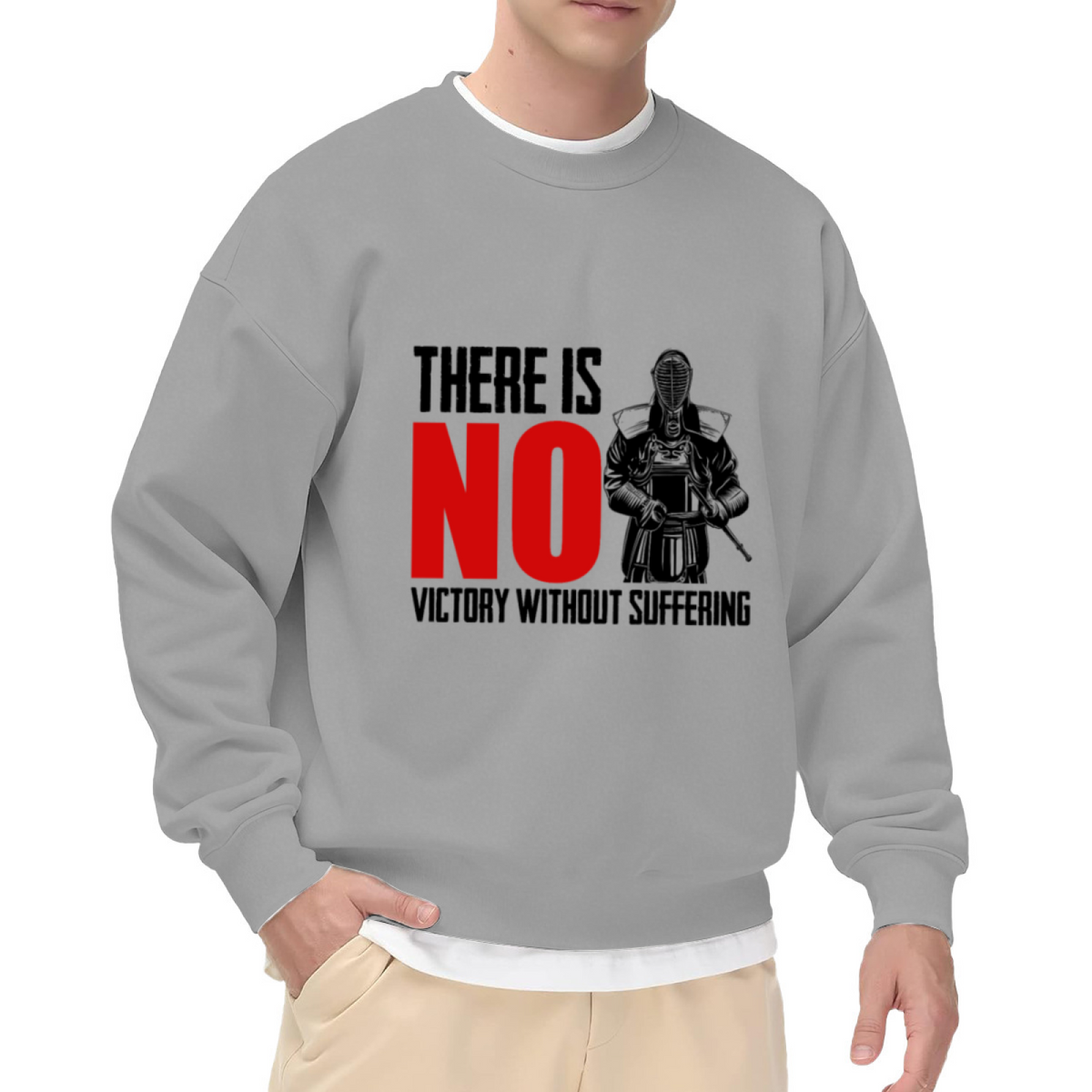 There Is No Victory Without Suffering Armored Warrior Crewneck Sweatshirt for Hardcore Motivation Enthusiasts