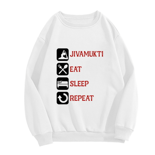 Jivamukti Eat Sleep Repeat Yoga Lifestyle Crewneck Sweatshirt | Daily Routine Icon Pullover, Yogi Gift