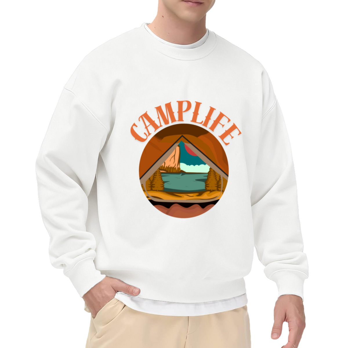 Camplife Mountain Lake Badge Crewneck Sweatshirt, Retro Outdoor Camping Pullover, Nature Adventure Gift