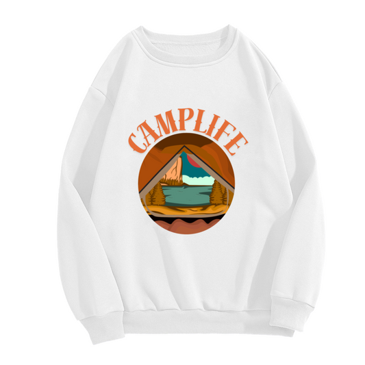 Camplife Mountain Lake Badge Crewneck Sweatshirt, Retro Outdoor Camping Pullover, Nature Adventure Gift