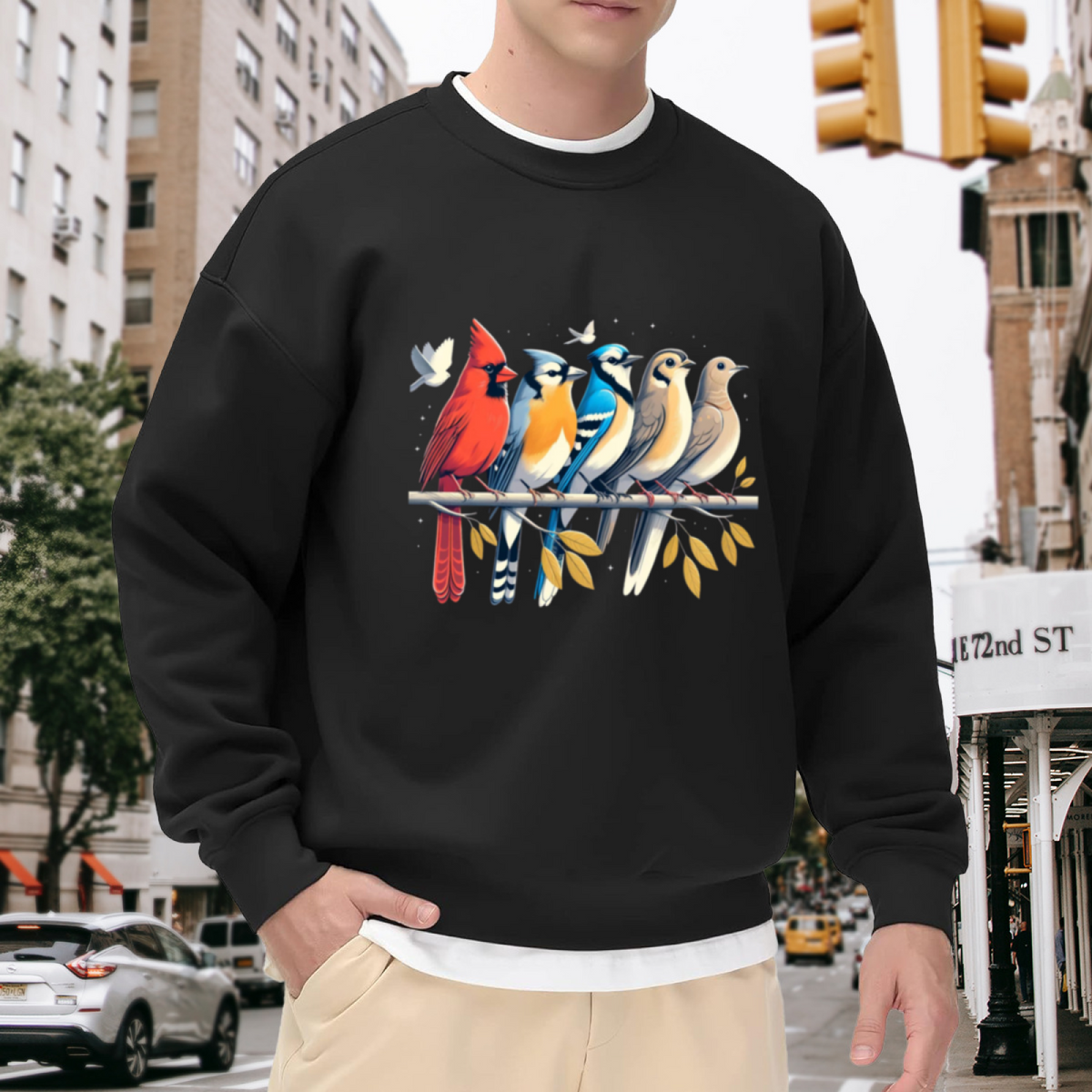 Colorful Garden Birds Sweatshirt | Cardinal Blue Jay Wildlife Graphic Crewneck, Hand-Drawn Bird Pullover Top, Bird Lover Gift for Women Men