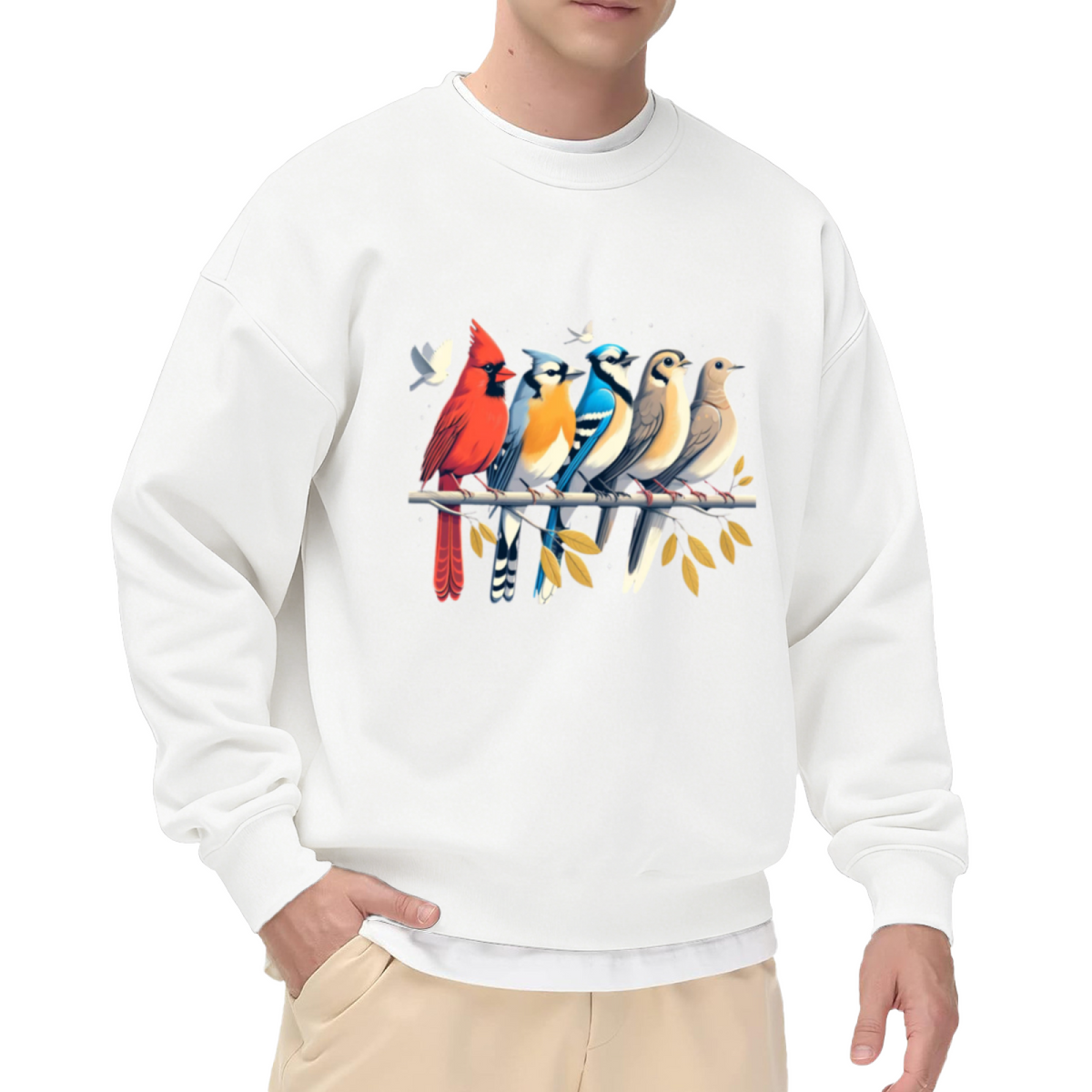 Colorful Garden Birds Sweatshirt | Cardinal Blue Jay Wildlife Graphic Crewneck, Hand-Drawn Bird Pullover Top, Bird Lover Gift for Women Men