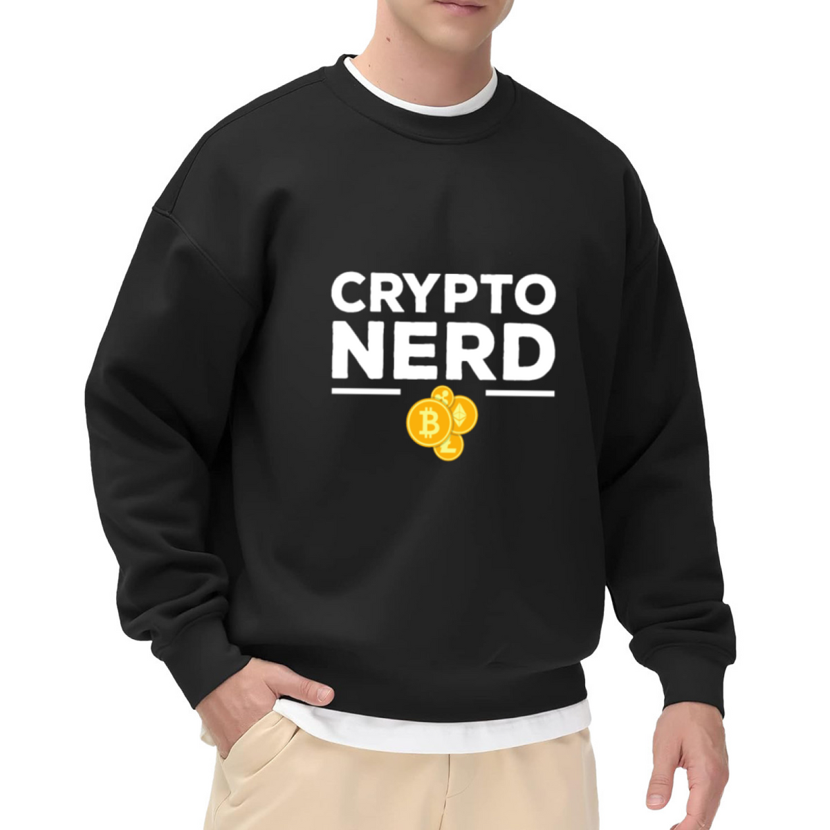Crypto Nerd Sweatshirt | Bitcoin Ethereum Cartoon Coins Graphic Crewneck, Cryptocurrency Pullover Top, Funny Geek Gift for Investors Traders