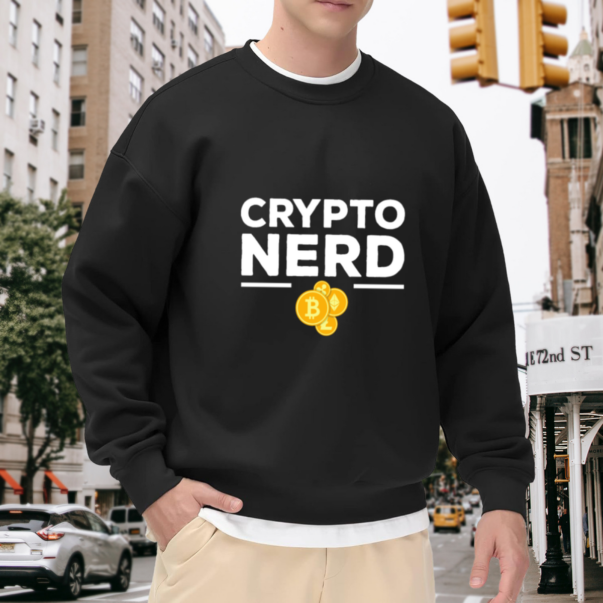Crypto Nerd Sweatshirt | Bitcoin Ethereum Cartoon Coins Graphic Crewneck, Cryptocurrency Pullover Top, Funny Geek Gift for Investors Traders