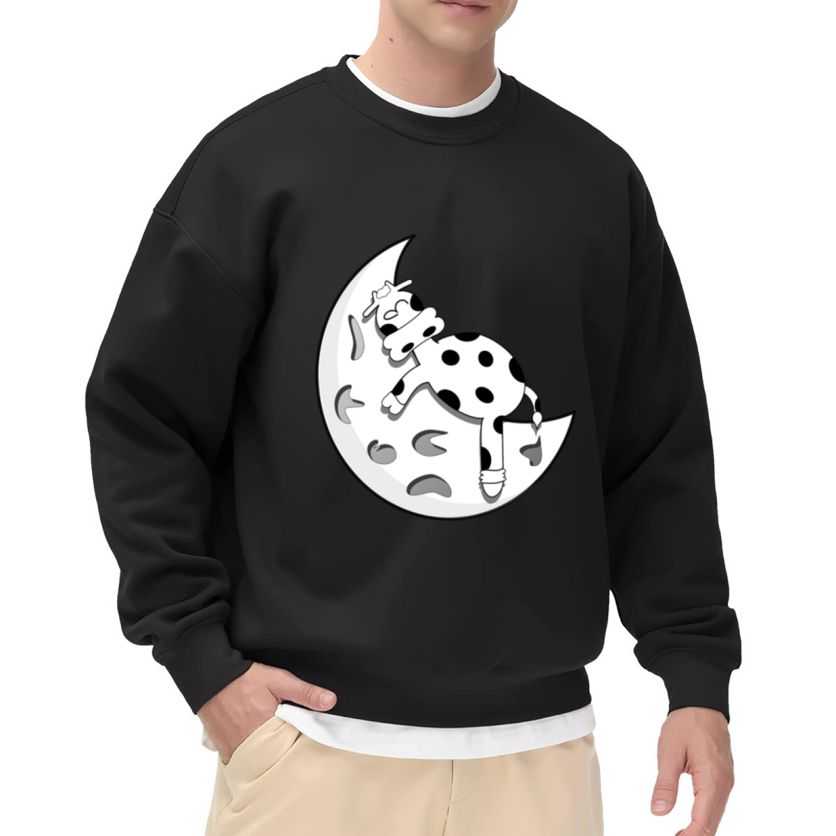Sleeping Cow On Moon Crewneck Sweatshirt | Cute Cartoon Night Graphic Pullover, Whimsical Farm Animal Top, Cozy Gift