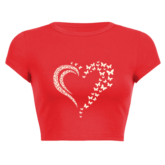 Red Leopard Butterfly Heart Graphic Slim Fit Crop Tee