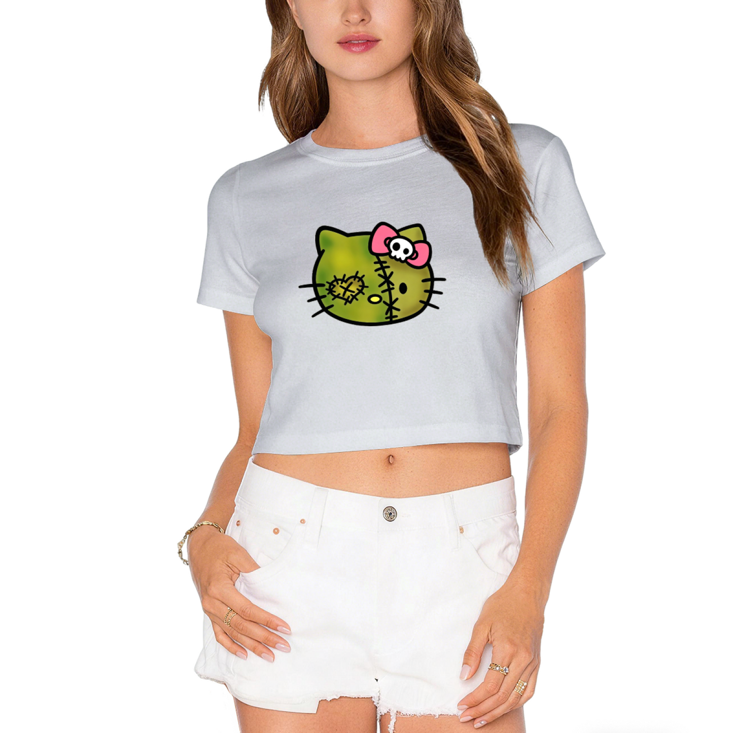 Stitched Zombie Hello Kitty Spooky Cute Crop Tee