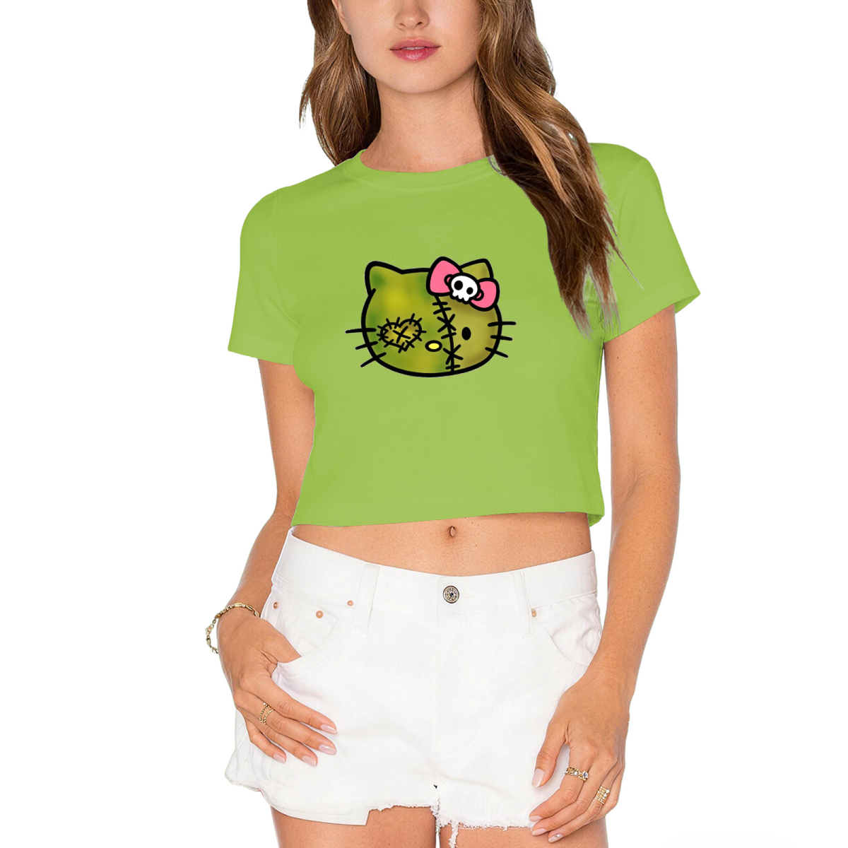 Stitched Zombie Hello Kitty Spooky Cute Crop Tee