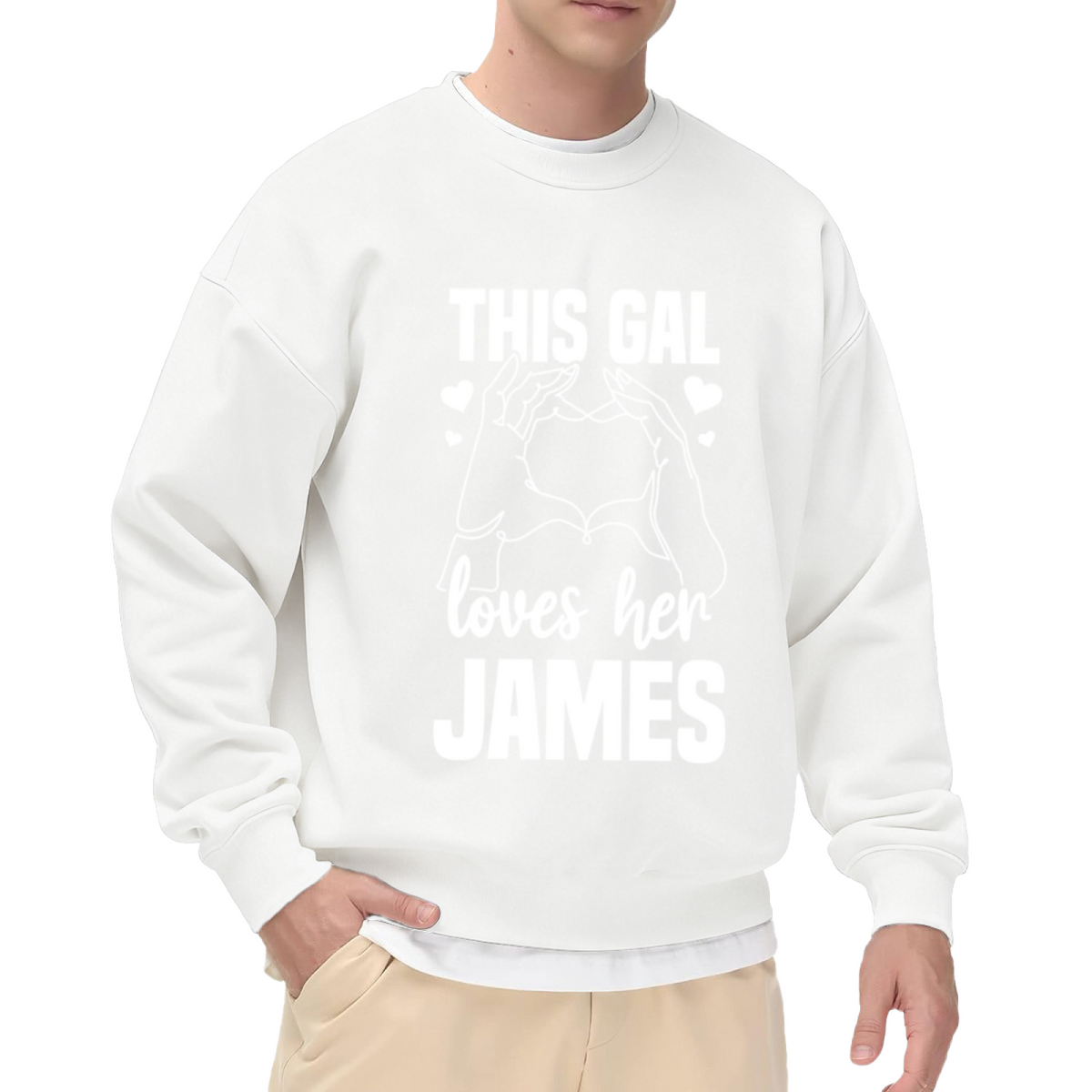 This Gal Loves Her James Heart Hands Personalized Crewneck Sweatshirt | Custom Name Couple Pullover, Valentine's Day Gift