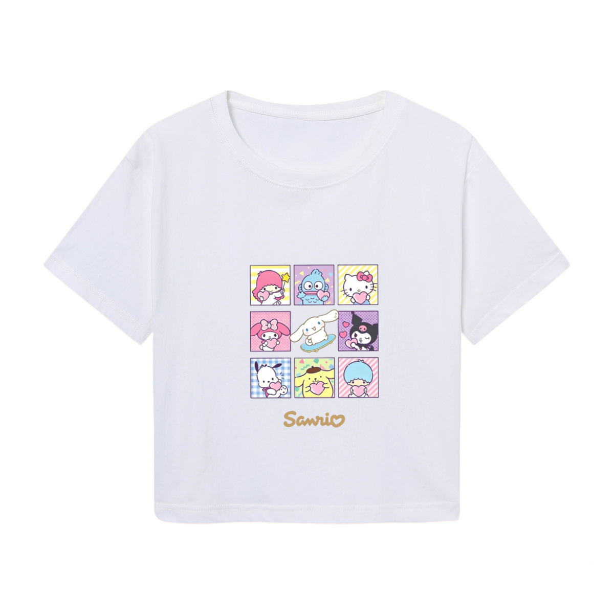 Sanrio All?Character Grid Print Cute White Cropped Tee
