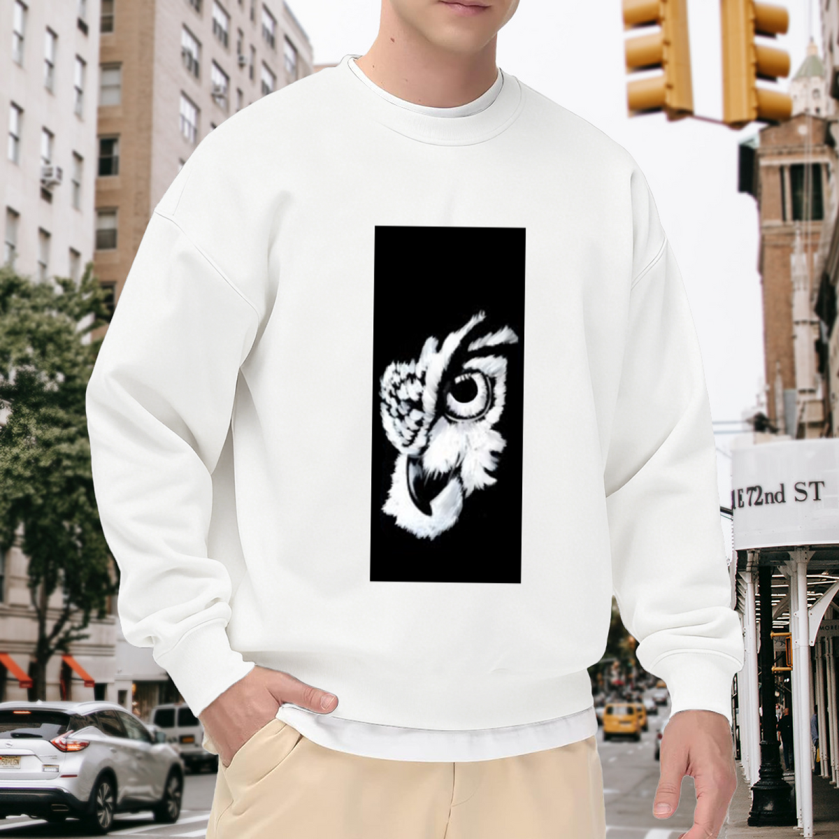 Monochrome Artistic Owl Head Design Crewneck Sweatshirt for Nature Lovers, Vintage Wildlife Bird Graphic Pullover, Birdwatcher Gift Idea