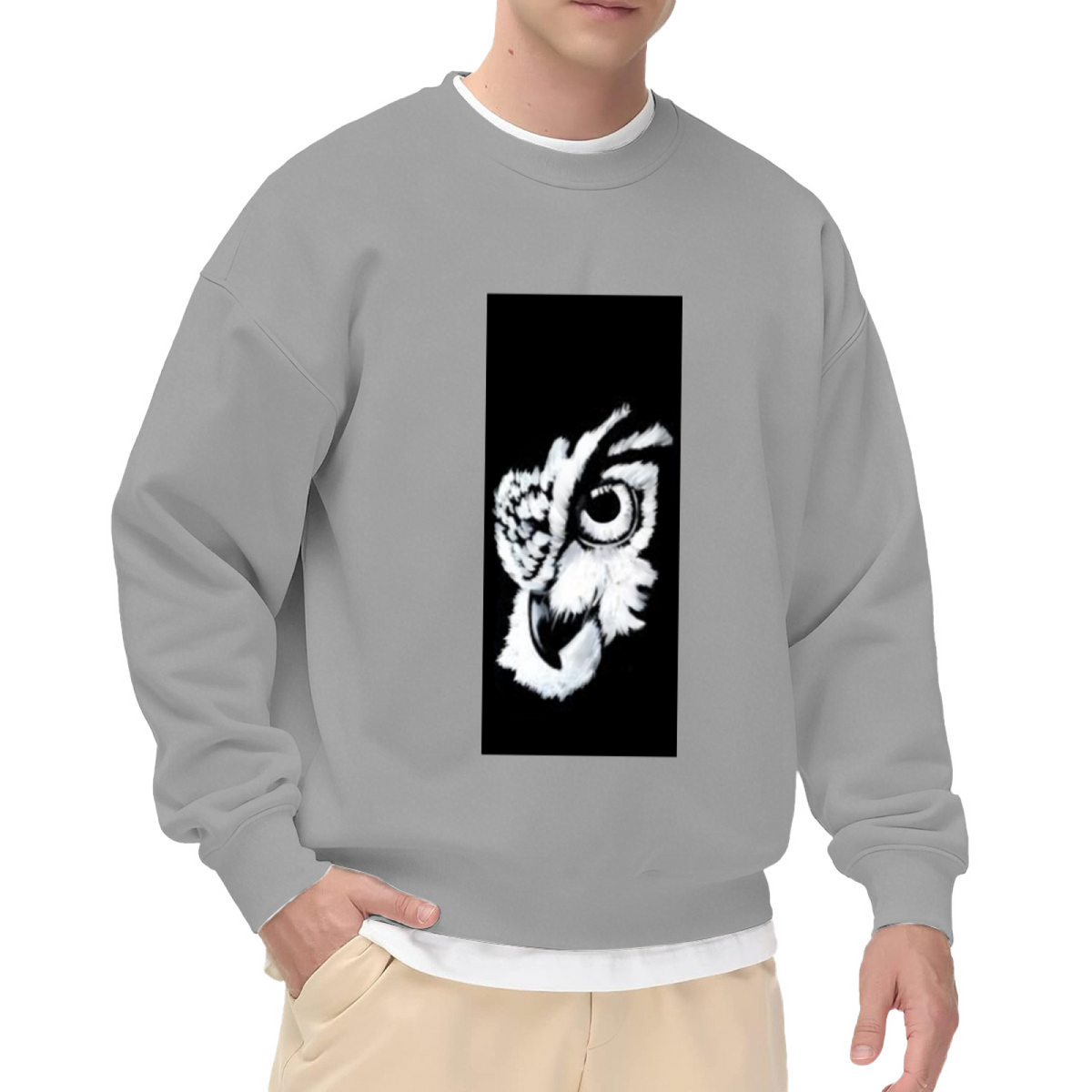 Monochrome Artistic Owl Head Design Crewneck Sweatshirt for Nature Lovers, Vintage Wildlife Bird Graphic Pullover, Birdwatcher Gift Idea