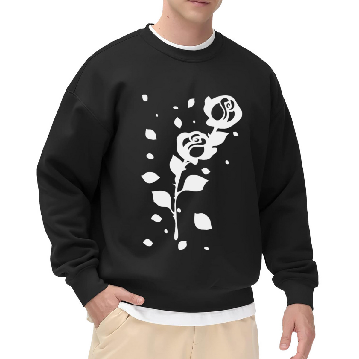 Dissolving Rose Stencil Floral Crewneck Sweatshirt | Minimalist Falling Petals Monochrome Pullover, Streetwear Top