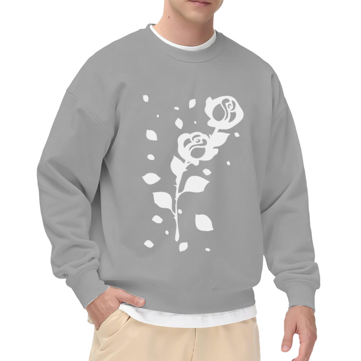 Dissolving Rose Stencil Floral Crewneck Sweatshirt | Minimalist Falling Petals Monochrome Pullover, Streetwear Top