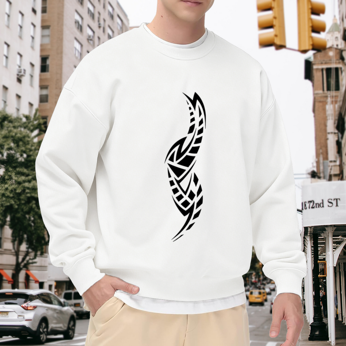 Geometric Tribal Feather Crewneck Sweatshirt | Minimalist Abstract Plume Pullover, Modern Monochrome Graphic Streetwear Top, Boho Gift