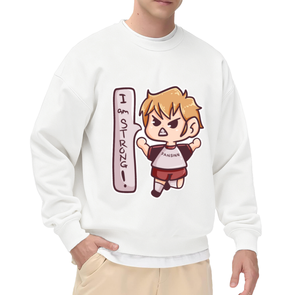 I Am Strong Cartoon Boy Crewneck Sweatshirt | Cute Kids Motivational Pullover, Playful Jumping Character Graphic Top, Gift for Kids