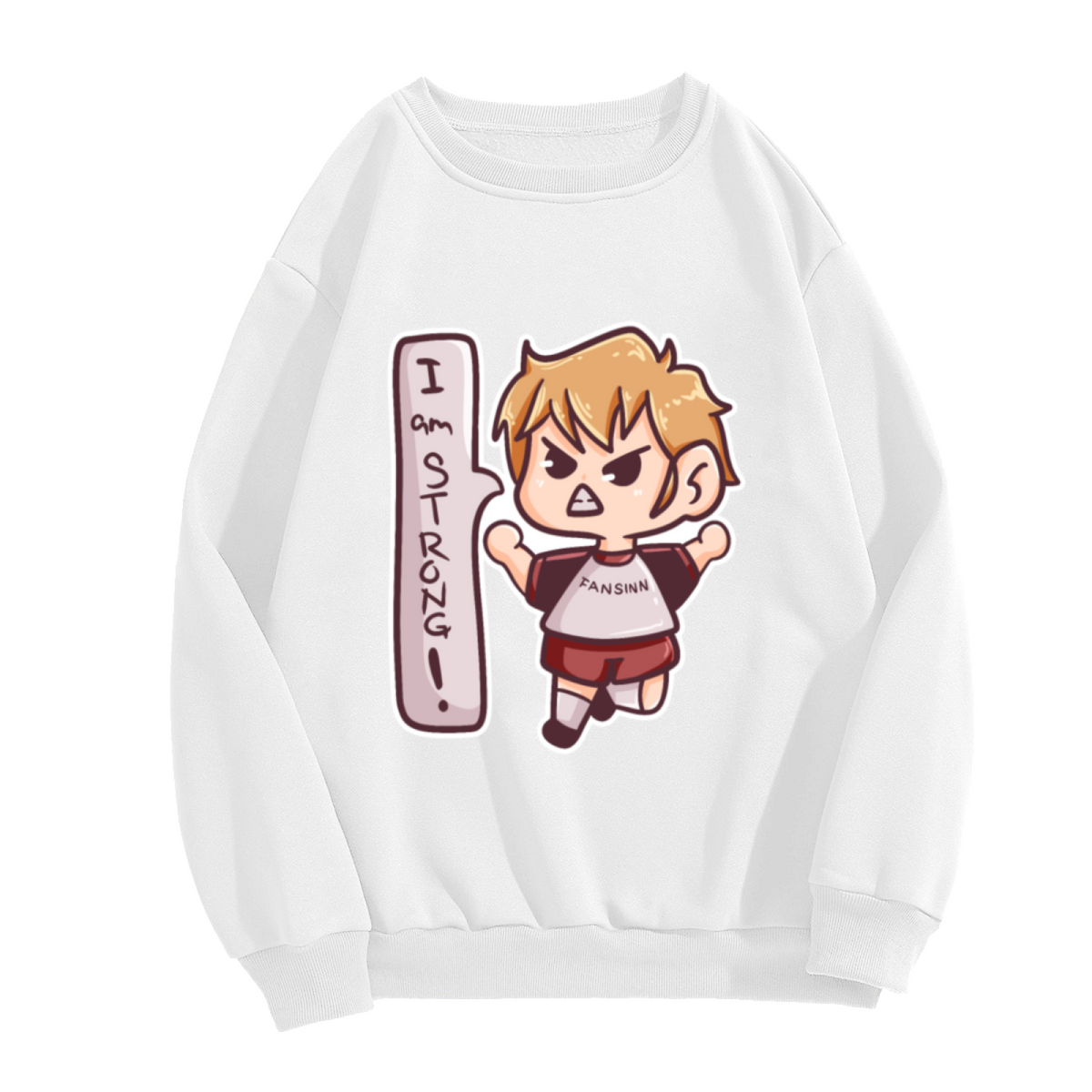 I Am Strong Cartoon Boy Crewneck Sweatshirt | Cute Kids Motivational Pullover, Playful Jumping Character Graphic Top, Gift for Kids