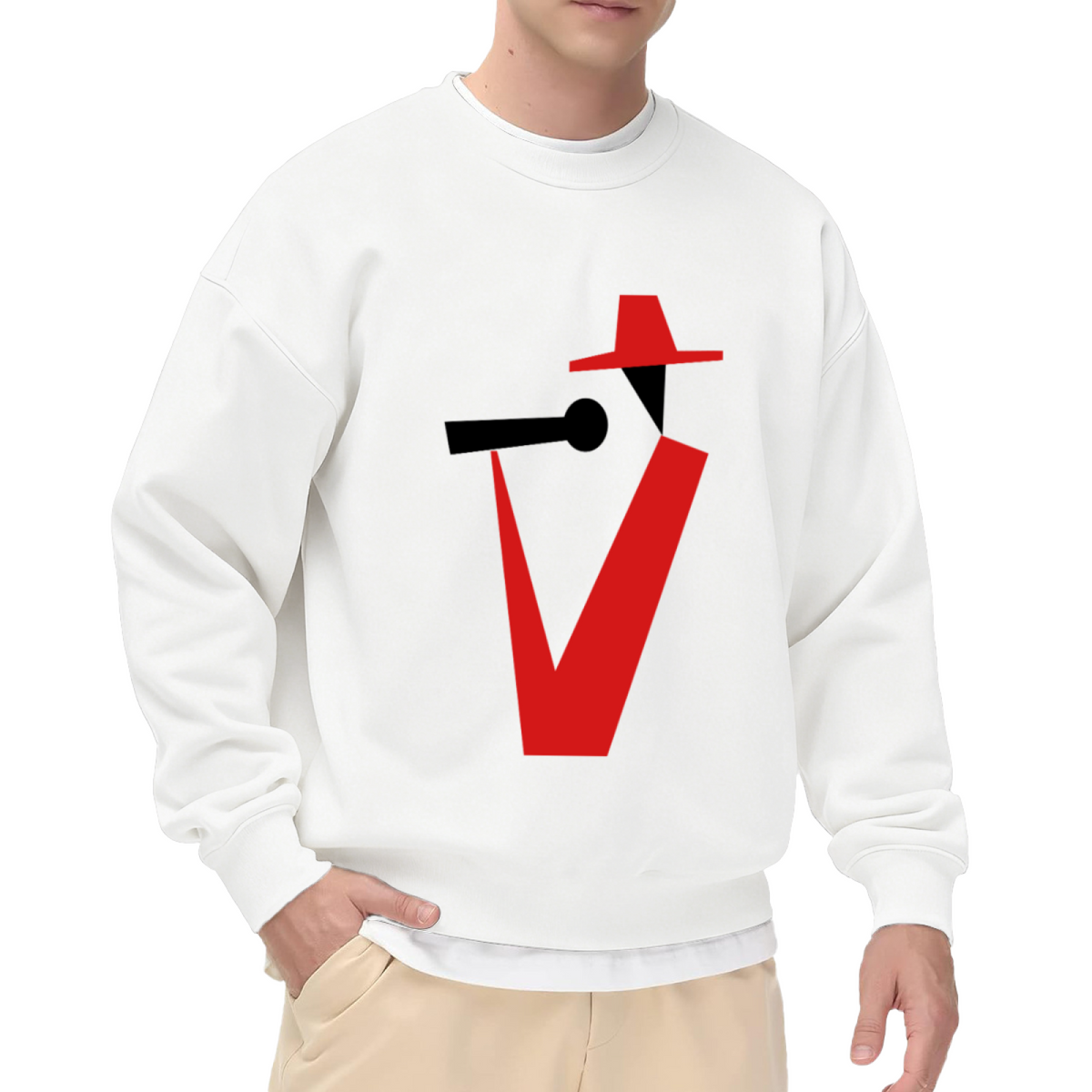 Stylized Figure Wide Brim Hat Crewneck Sweatshirt, Minimalist Profile Character Pullover, Abstract Art Gift