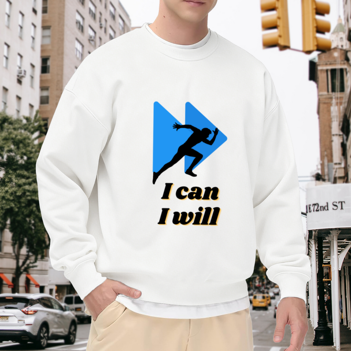 I Can I Will Runner Fast Forward Motivational Crewneck Sweatshirt | Running Silhouette Athletic Graphic Pullover, Fitness Gym Gift