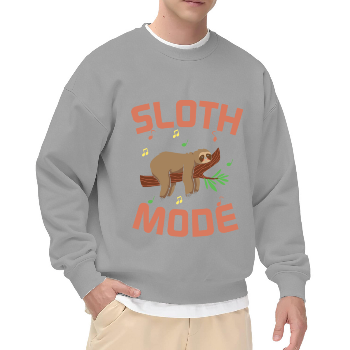 Sloth Mode Crewneck Sweatshirt | Cute Cartoon Sloth Pullover, Funny Music Note Animal Graphic Top, Cozy Gift