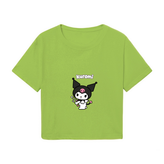 Cute Kuromi Magic Wand Graphic Lime Green Crop Top