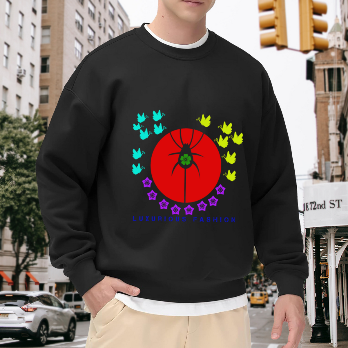 Luxurious Fashion Spider Clover Butterfly Graphic Crewneck Sweatshirt | Bold Pop Art Insect Pullover, Streetwear Top