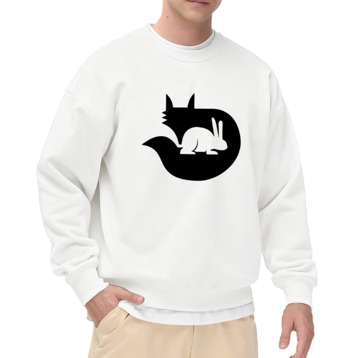 Negative Space Cat Rabbit Illusion Crewneck Sweatshirt, Minimalist Optical Art Pullover, Clever Graphic Gift